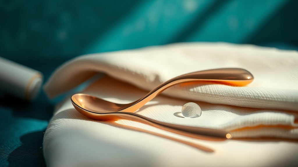 A calm still-life of a smooth copper tongue-cleaner on soft cream linen with a single water droplet, in warm gentle light.