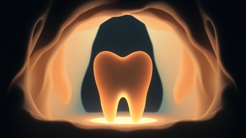 A softly glowing broad molar emerging from luminous gum tissue at the back of an arch