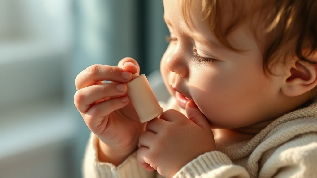 A parent gently offering a chilled teether and cradling a toddler cheek