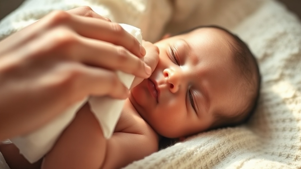 A parent wiping a calm baby gums with a soft damp cloth wrapped around a finger