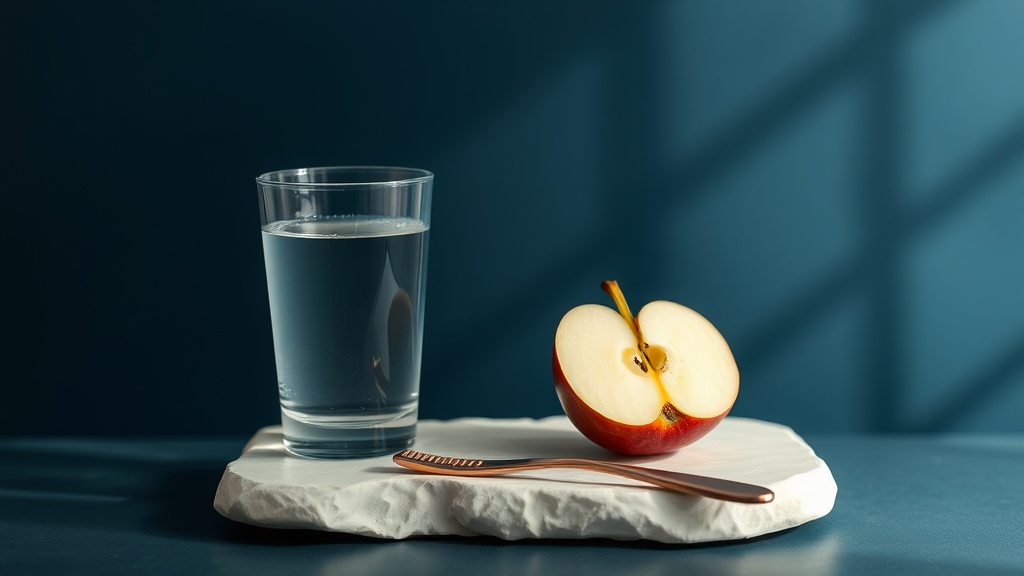 A calm arrangement of water, firm fruit and a tongue scraper representing the everyday fixes