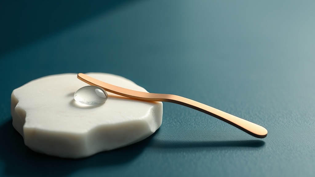 A copper tongue scraper resting beside a droplet of water on cream stone