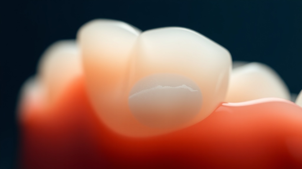 Close-up of a tooth with a faint chalky white spot near the gumline