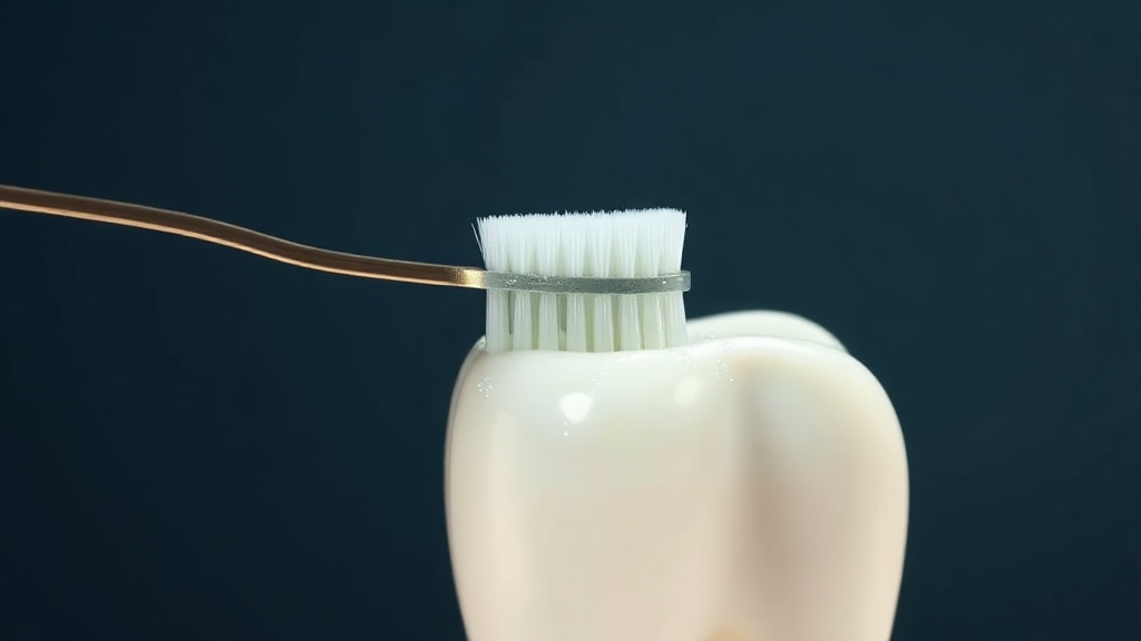 A slim brush laying a pearlescent mineral gel over a tooth, with fine mineral particles settling into a pale patch