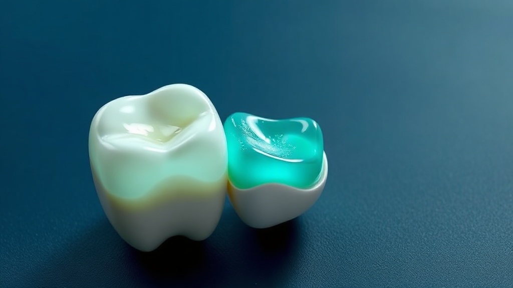 A tooth with a soft translucent gel layer over a warm nerve pathway while gentle particles lift surface stains