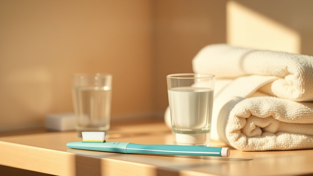 A soft-bristled toothbrush, a tube of sensitive whitening toothpaste and a glass of water on a bathroom shelf