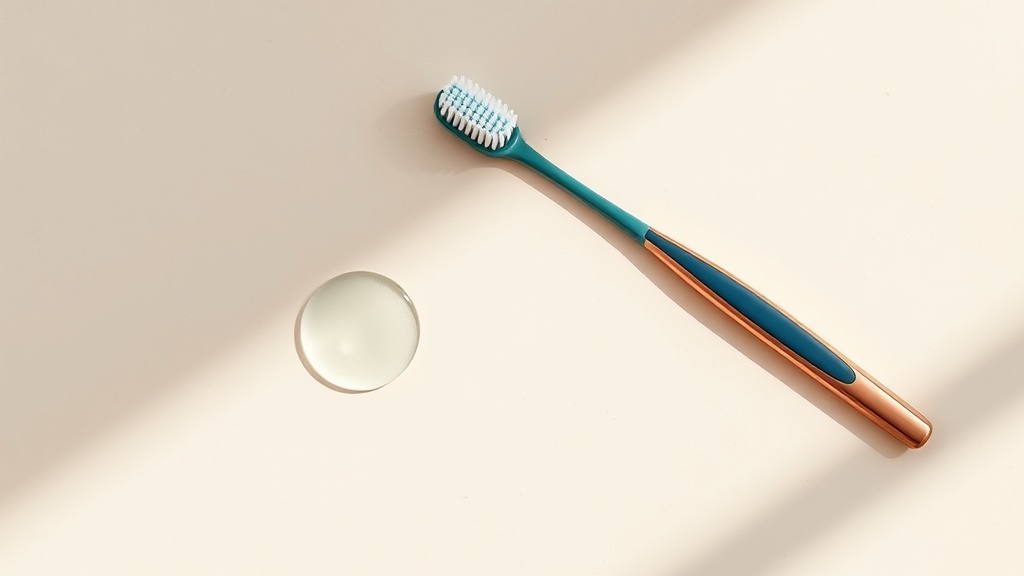 A soft toothbrush and interdental brush laid out on a clean cream surface