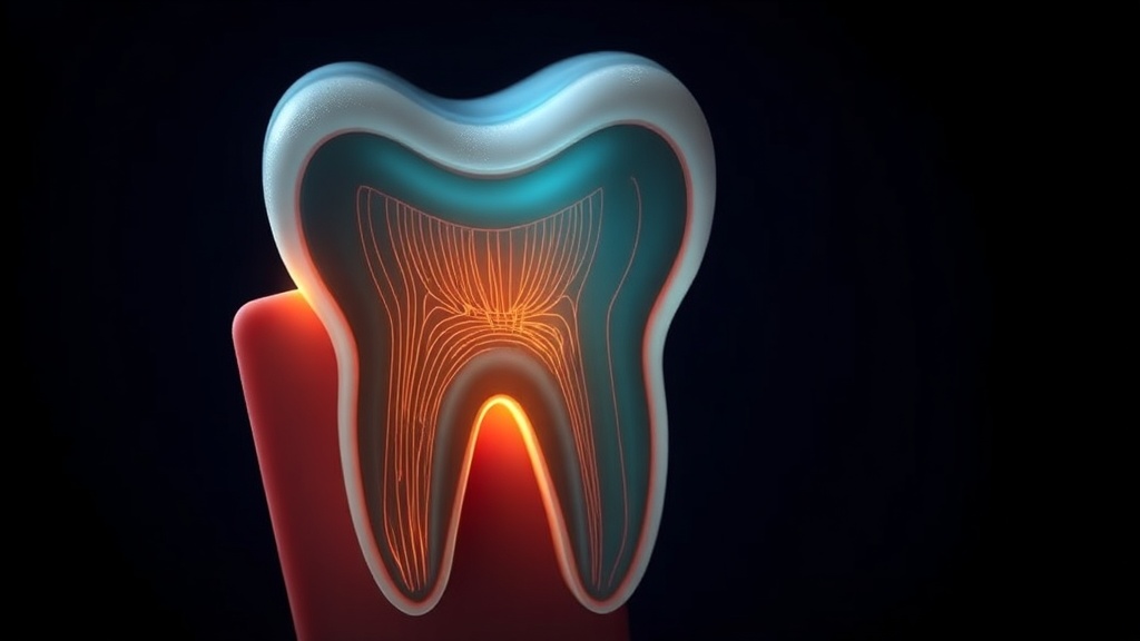 Cross-section of a tooth showing cold reaching open dentin tubules toward the nerve