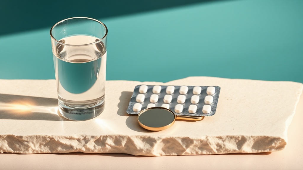 A calm still-life suggesting the search for a cause - a glass of water, a blister pack and a small mirror