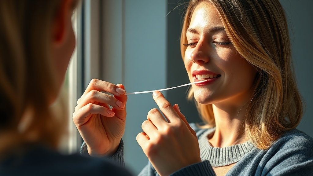 Natural portrait of a person flossing gently with a calm expression