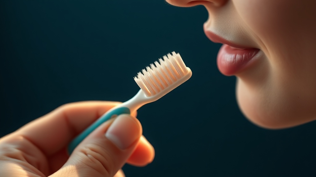 A soft toothbrush held at a gentle angle to the gum line in warm natural light