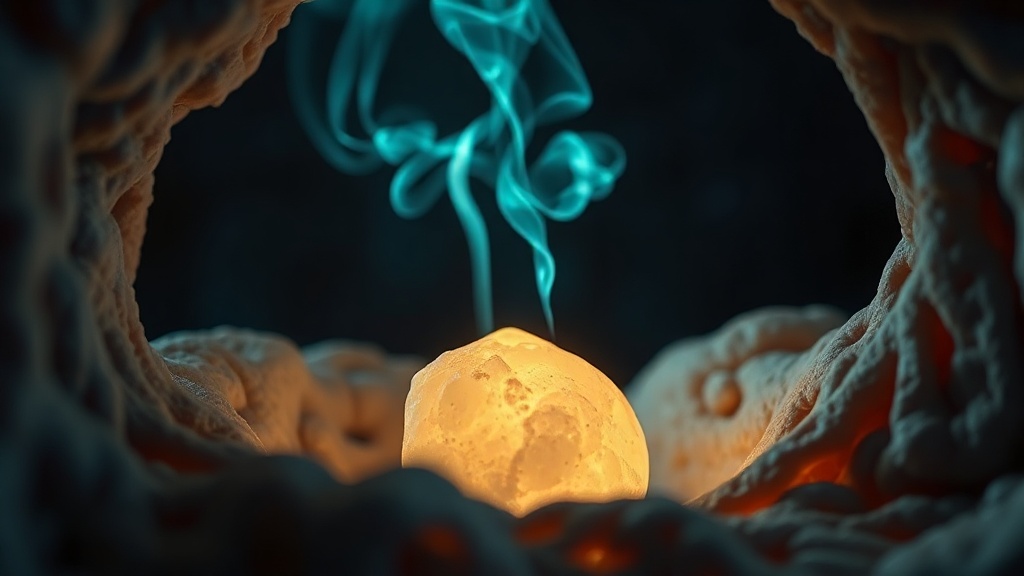 Conceptual illustration of sulfur gas wisps rising from bacteria inside a tonsil stone