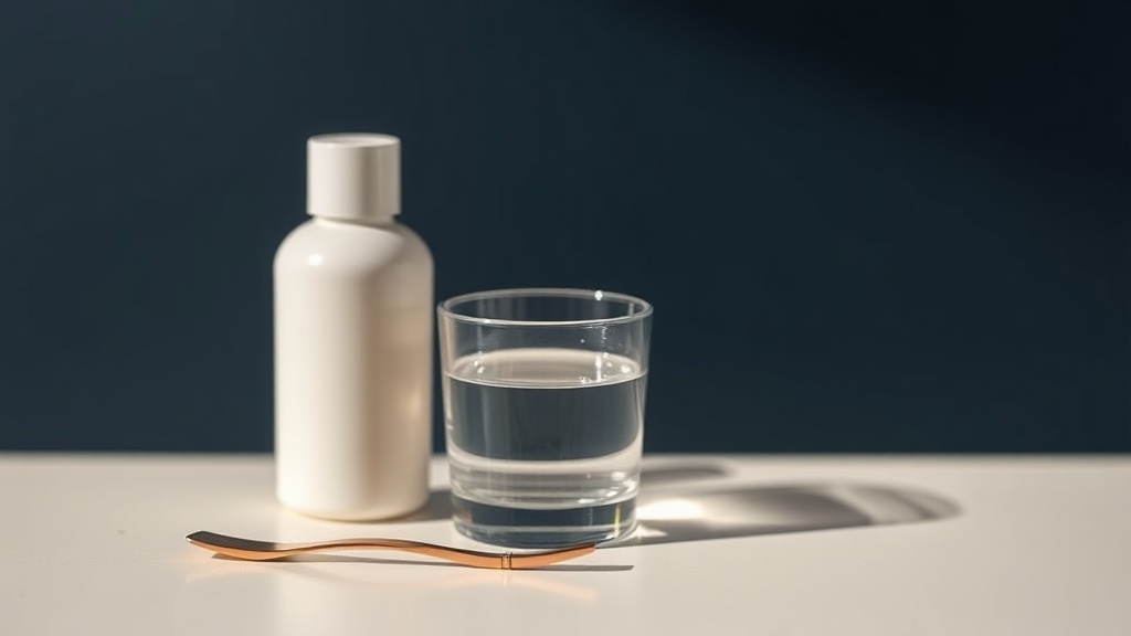 A tongue scraper and an alcohol-free rinse arranged as a simple daily fresh-breath routine