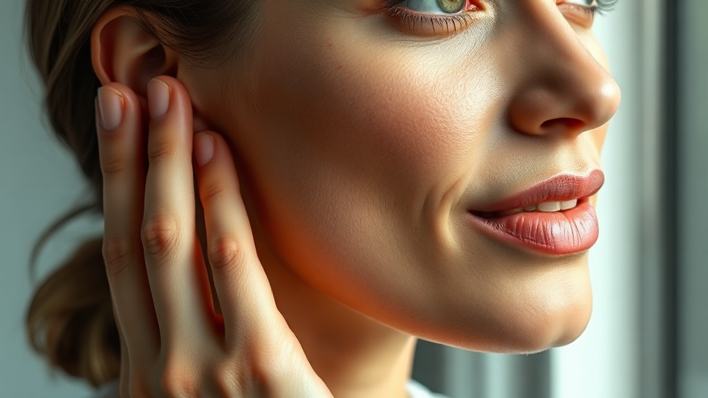 A calm person resting fingertips on the jaw joint in front of the ear