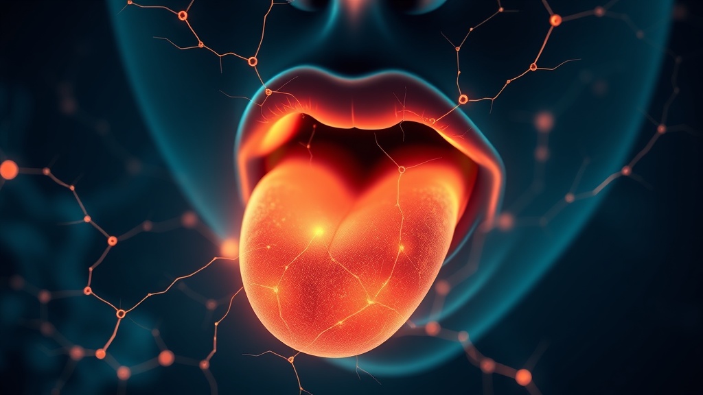 Illustration of the tongue's dense sensory nerves signalling a burning sensation