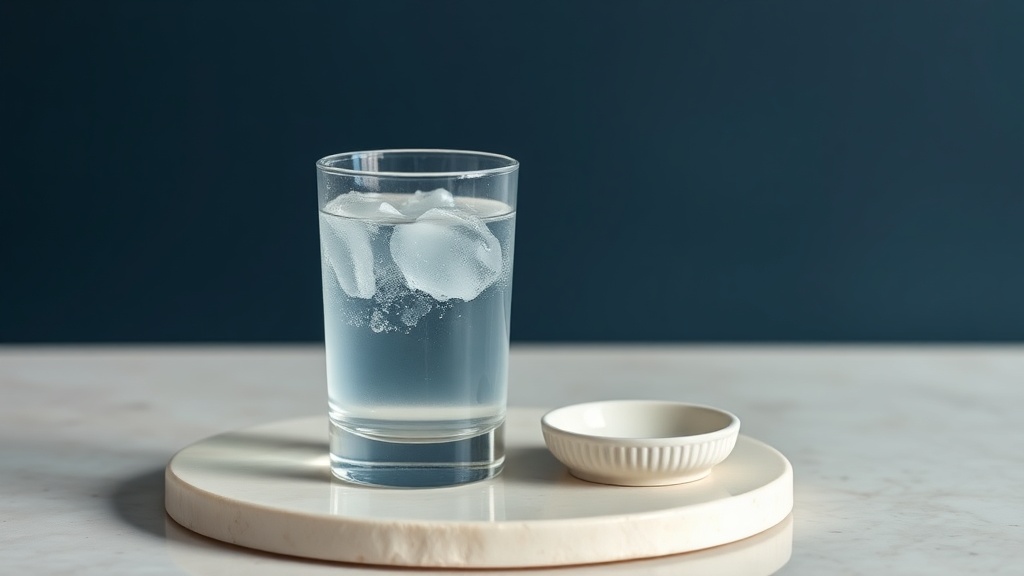 A cool glass of water beside gentle, alcohol-free oral-care products on a calm surface