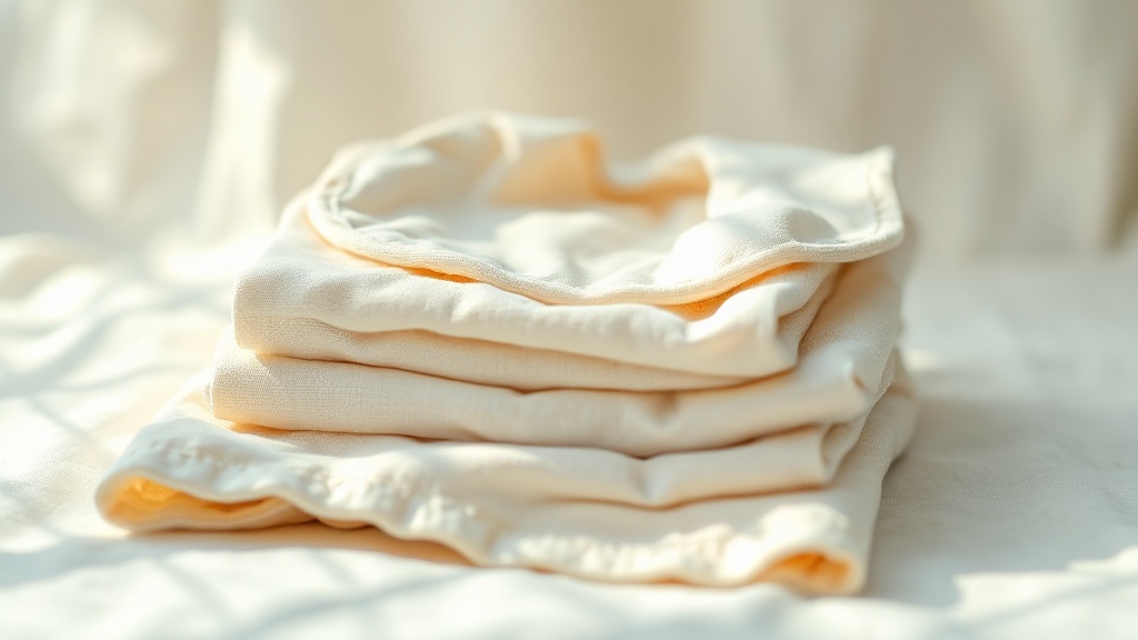 A folded stack of soft muslin drool bibs and a cotton cloth on cream linen in soft light