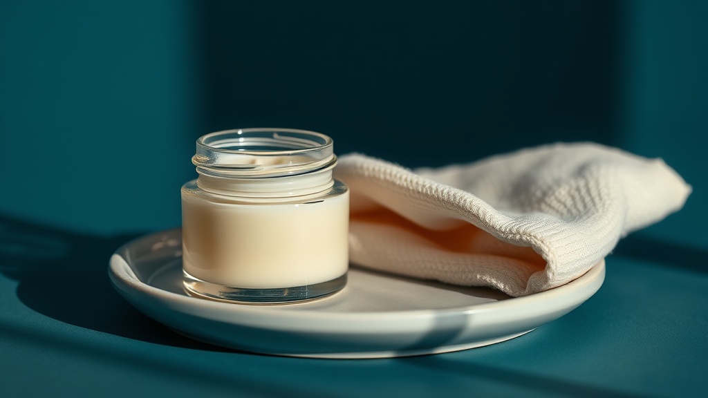 A small open jar of plain pale barrier balm beside a soft folded cloth on a ceramic dish