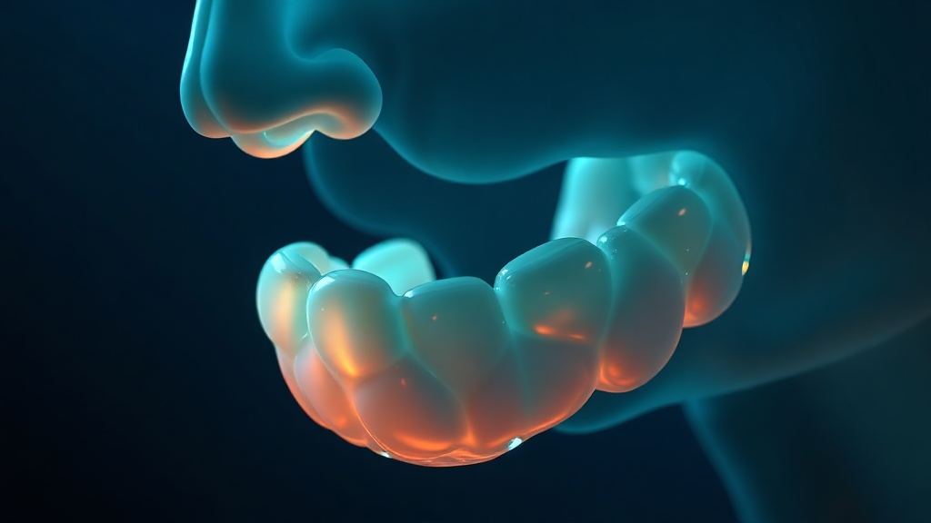 Conceptual illustration of glowing salivary glands beneath the jaw releasing a fine shimmer of moisture