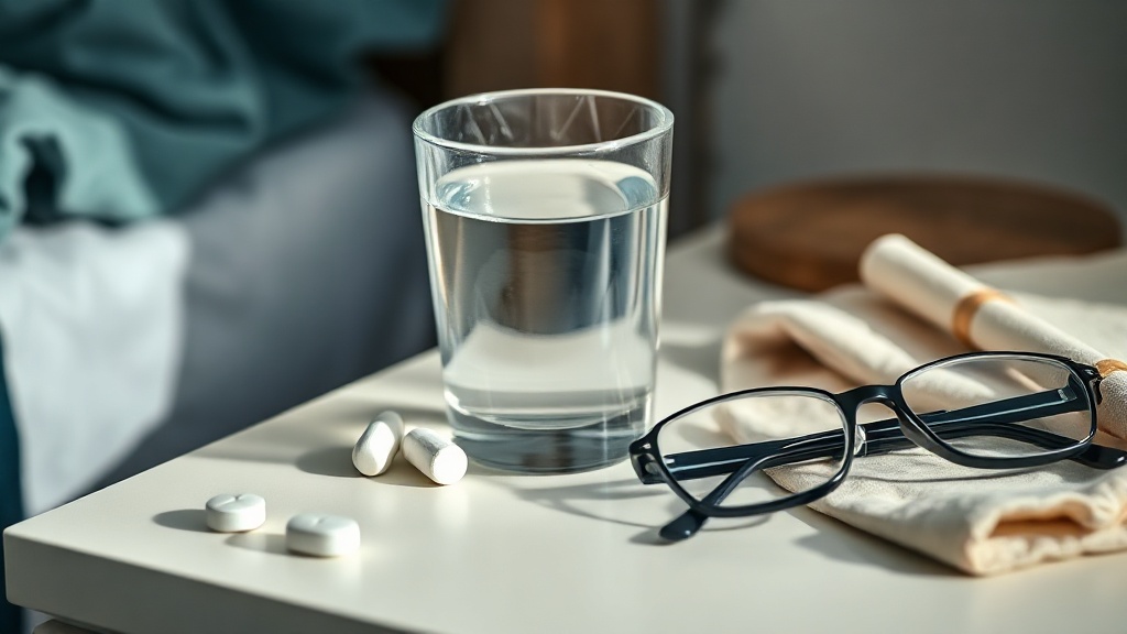 A nightstand with a glass of water, a few plain pills, and reading glasses in soft morning light