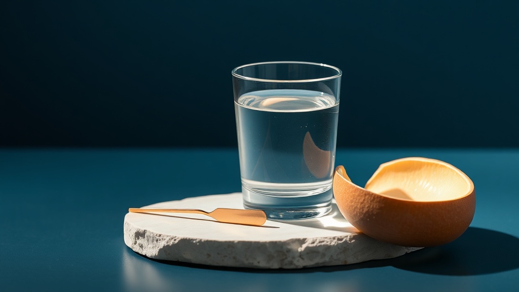 A glass of water and a soft tongue scraper on a calm surface suggesting hydration and gentle care