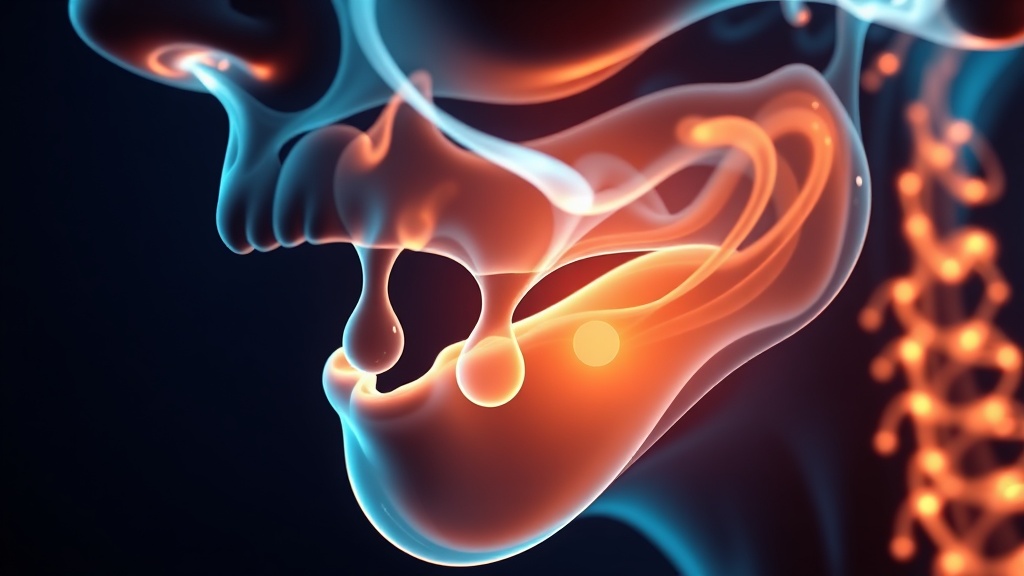 A luminous conceptual illustration of the salivary glands beneath the jaw releasing droplets of saliva