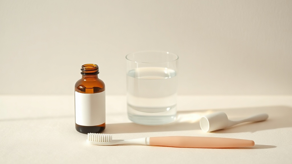 An unlabeled amber medicine bottle, a glass of water and a soft toothbrush on a cream surface