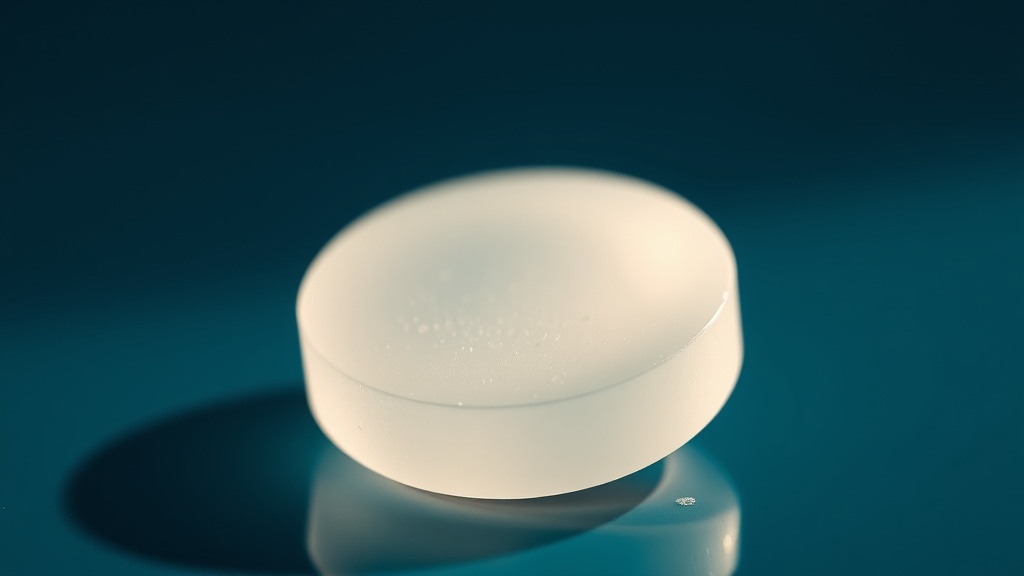 A single white adhering oral disc slowly dissolving with a soft gel layer around its edge