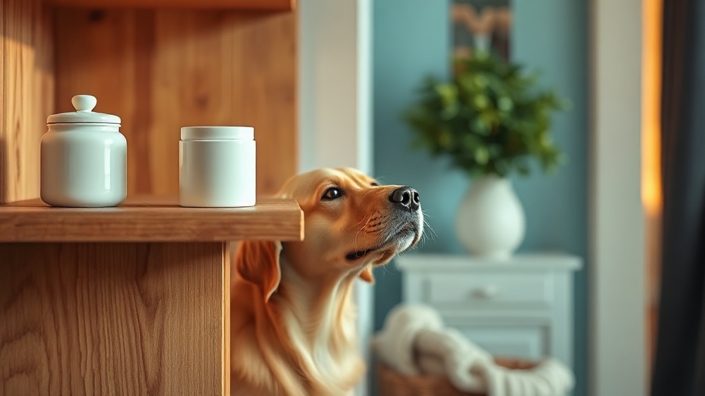 Plain unlabeled jars stored high on a shelf out of a dog's reach as the dog looks up