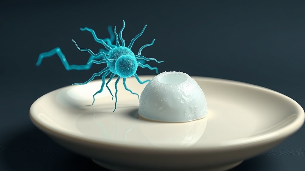 Illustration of a decay bacterium unable to metabolise a xylitol crystal