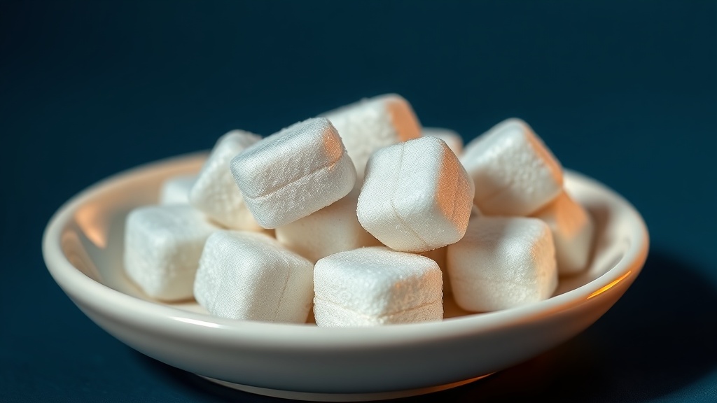 Frosted xylitol gum pellets arranged on a cream dish, calm still life