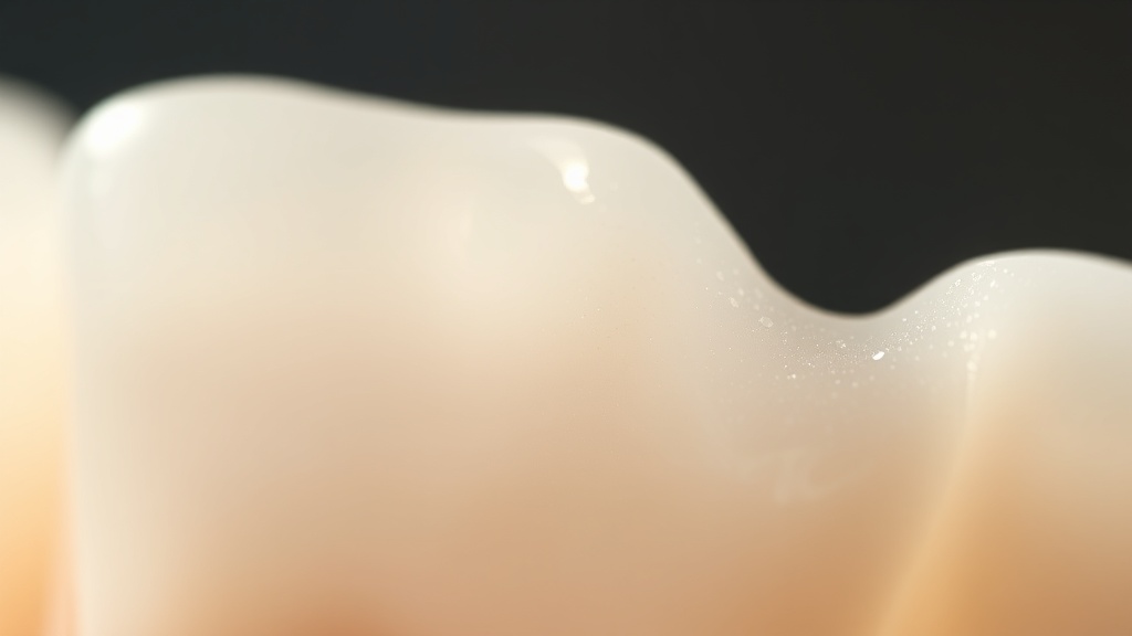 A pristine, glassy tooth-enamel surface, smooth and luminous, with the bacterial biofilm receded.