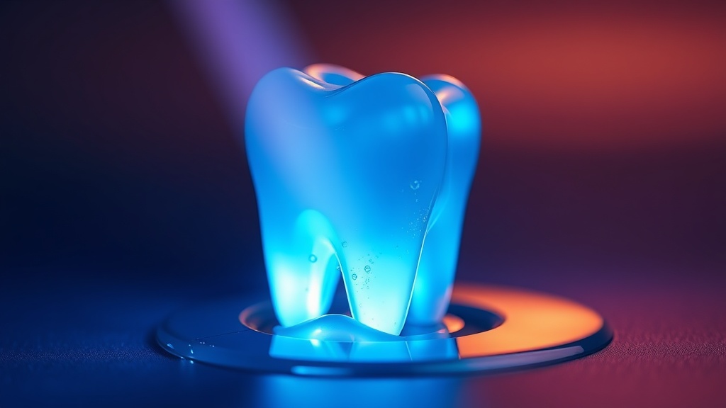 A soft blue-violet light beam over a glossy tooth coated in clear whitening gel with tiny oxygen bubbles