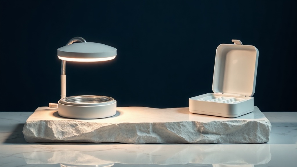 An elaborate professional whitening lamp on one side and a modest at-home tray kit on the other, balanced on cream stone